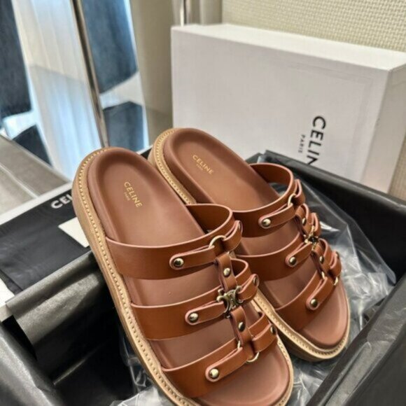 Celine Brown Leather Sandals with Gold Accents - Picture 3 of 6